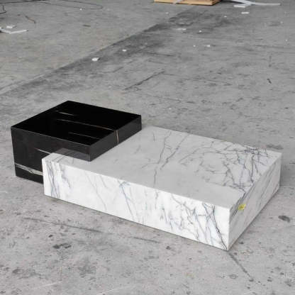 Black-White Marble Rectangular Block Base Coffee Table — Black Stripe/ White