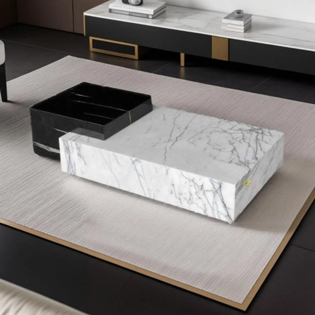 Black-White Marble Rectangular Block Base Coffee Table — Green/ White