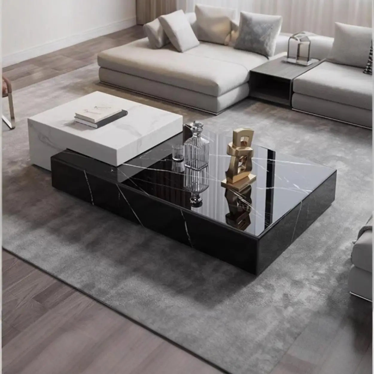 Black-White Marble Rectangular Block Base Coffee Table — Black Stripe/ White