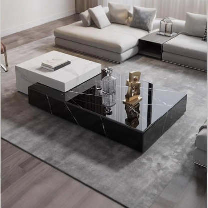 Black-White Marble Rectangular Block Base Coffee Table — Black Stripe/ White