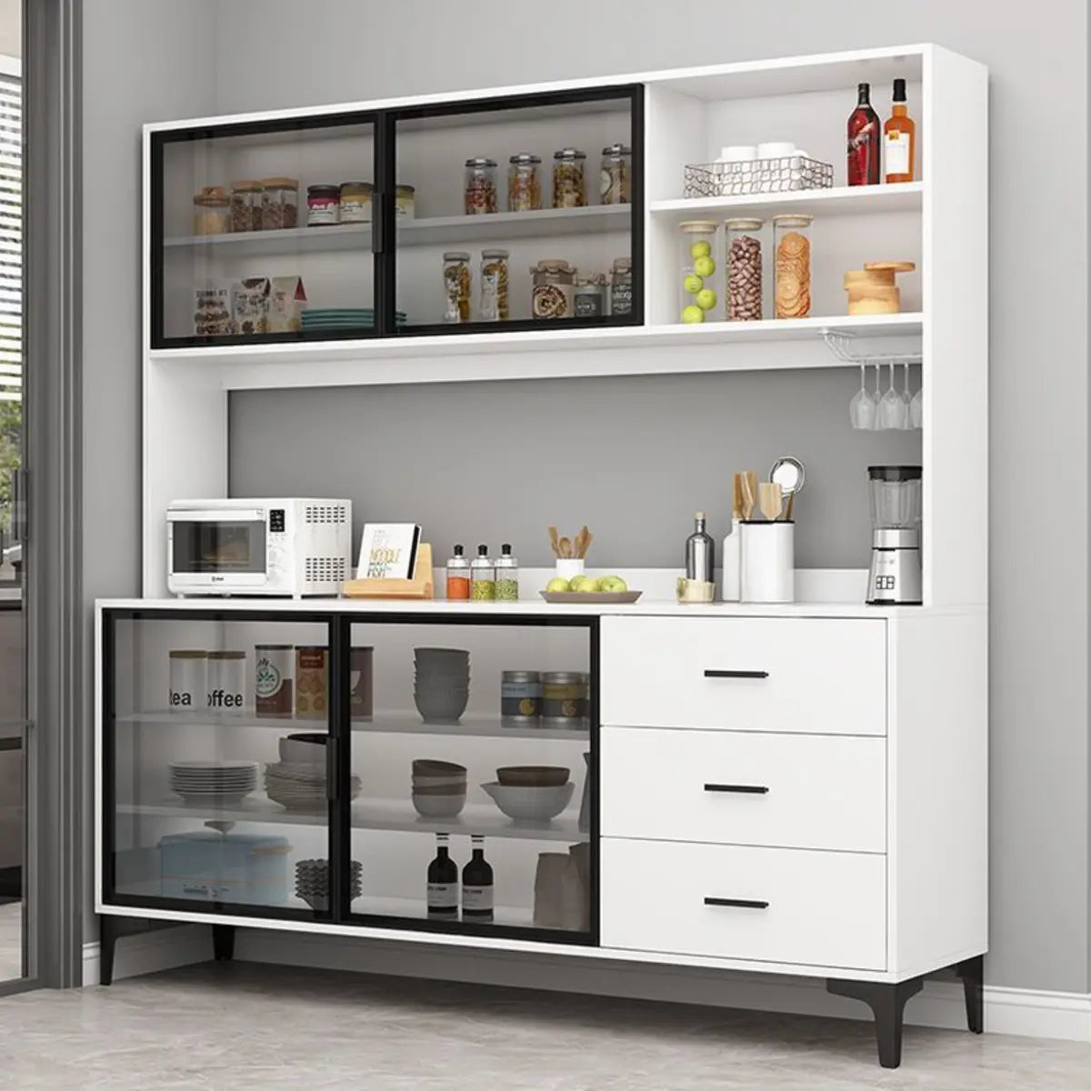 Black and White Wood Pantry Hutch China Cabinet