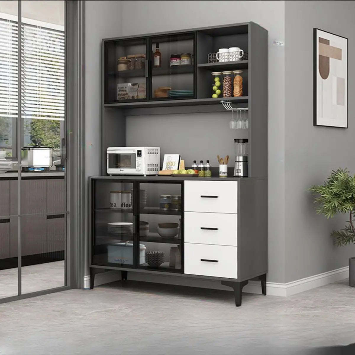 White modern hutch pantry display cabinets — 47" L x 16" W x 71" H / 3 Drawers / Gray