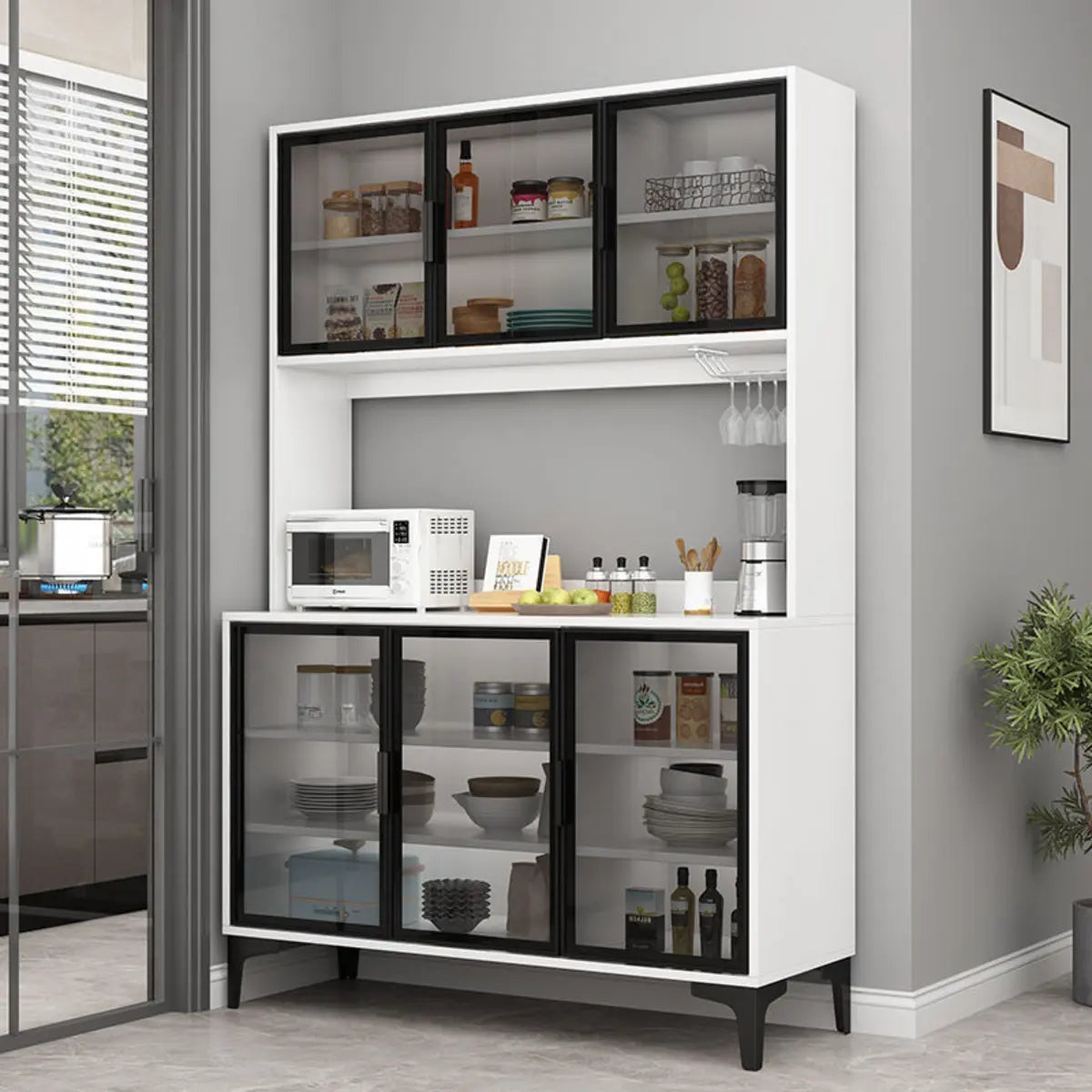 Black and White Wood Pantry Hutch China Cabinet — 3 / White