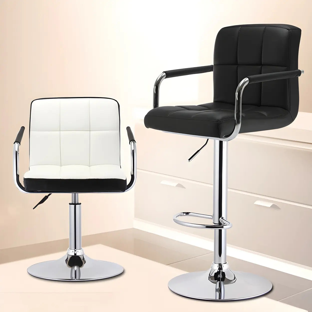 Black-White Square Steel Adjustable Bar Stool — Beige / 1 Piece