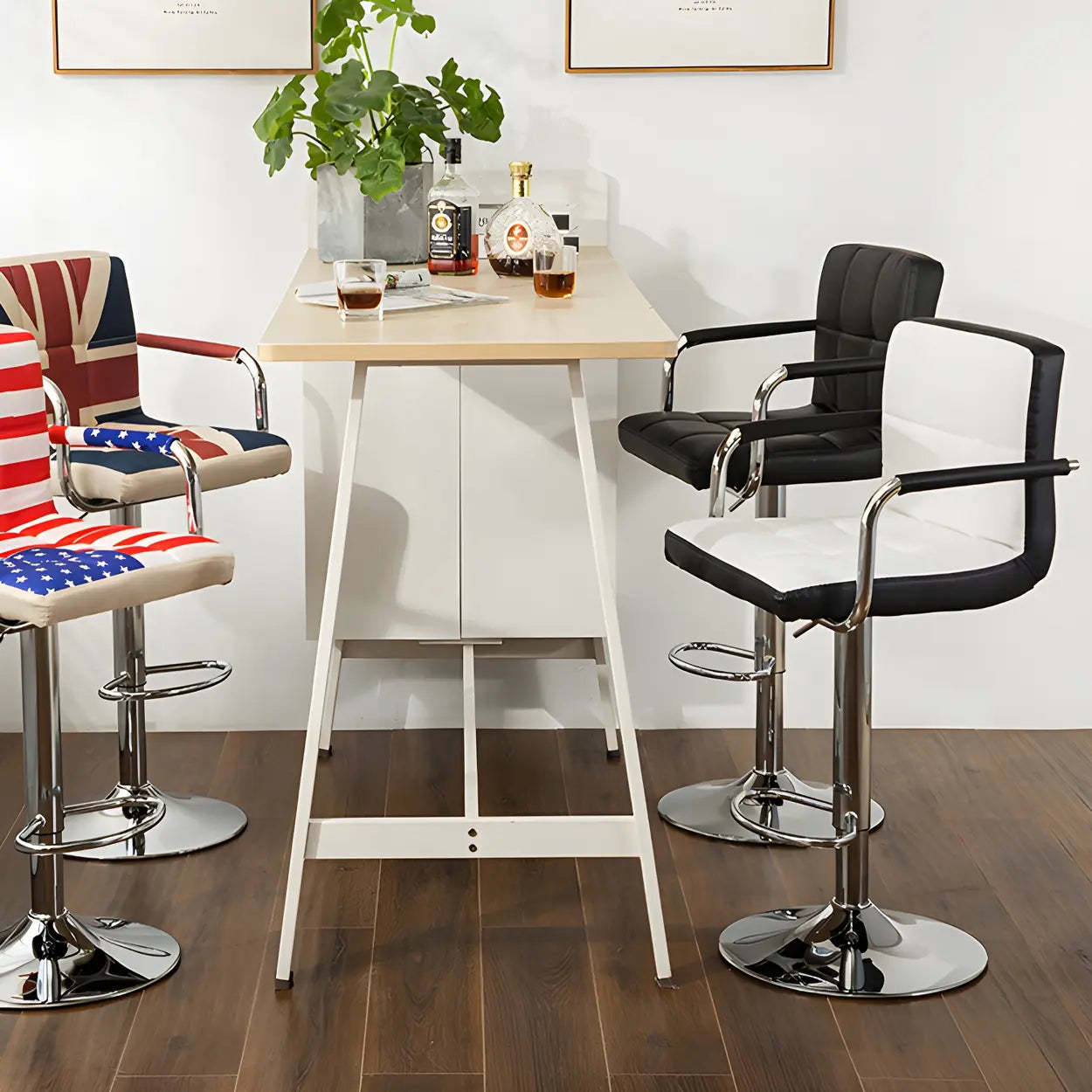 Black-White Square Steel Adjustable Bar Stool — Rose Red-Black / 4 Piece Set