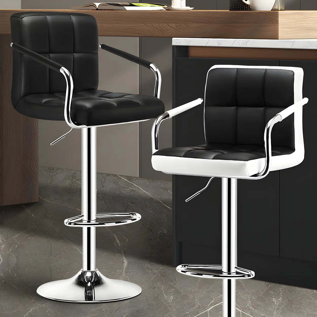 Black-White Square Steel Adjustable Bar Stool — Black / 1 Piece