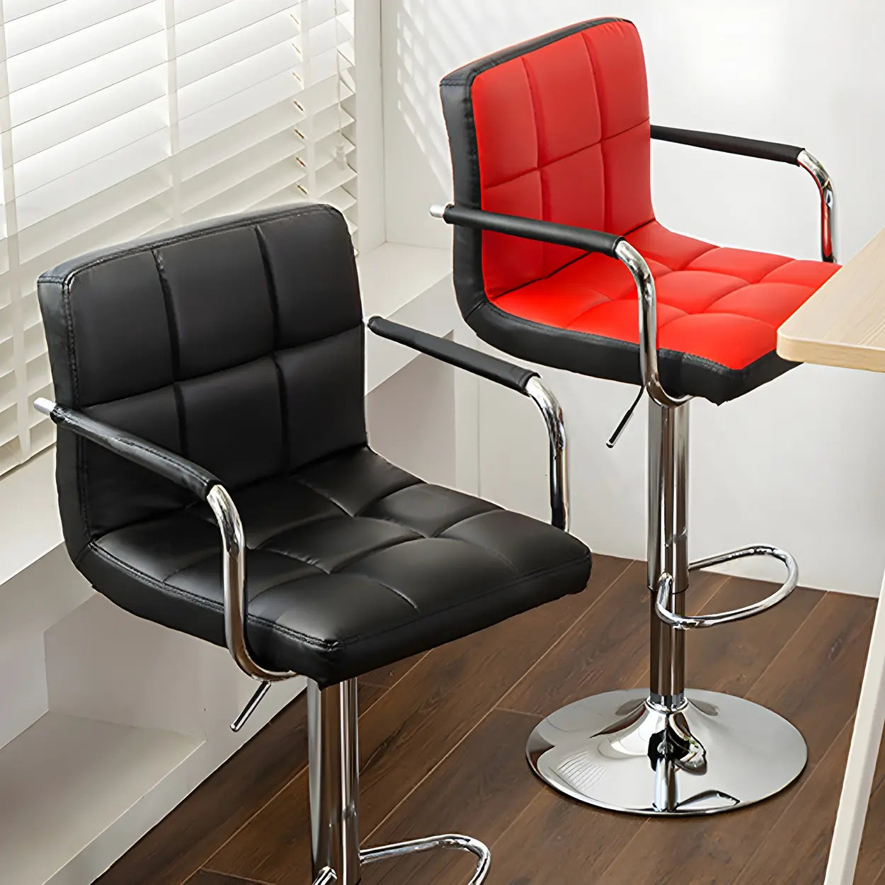 Black-White Square Steel Adjustable Bar Stool — Black Outer & White Inner / 2 Piece Set