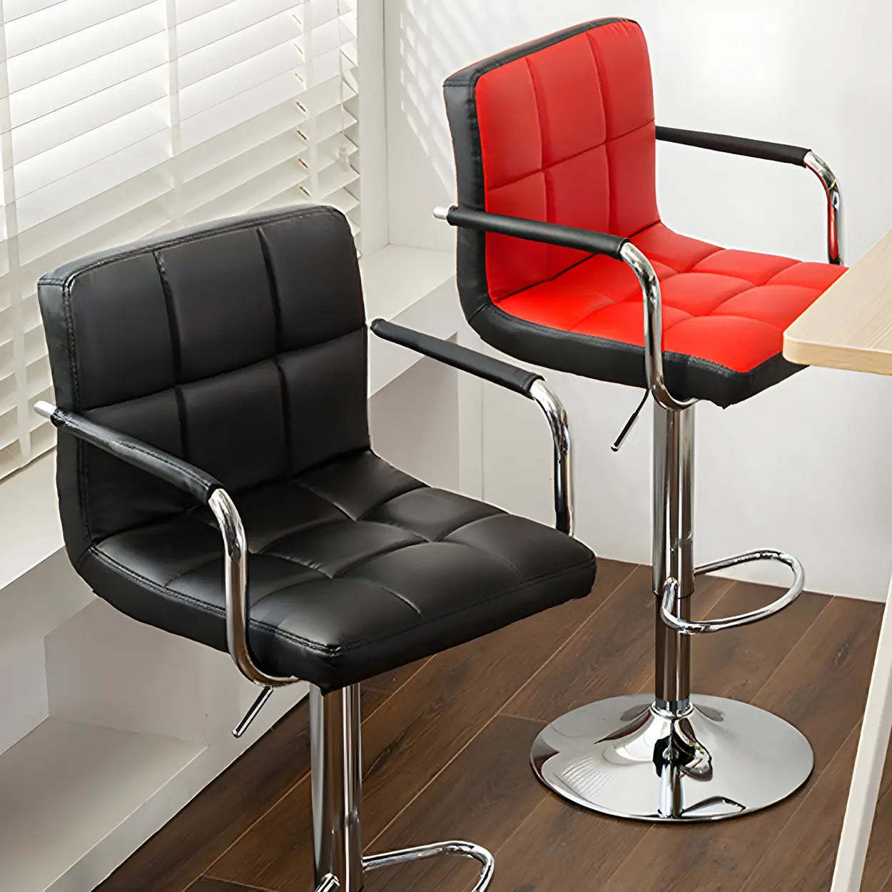 Black-White Square Steel Adjustable Bar Stool — Black Outer & White Inner / 2 Piece Set