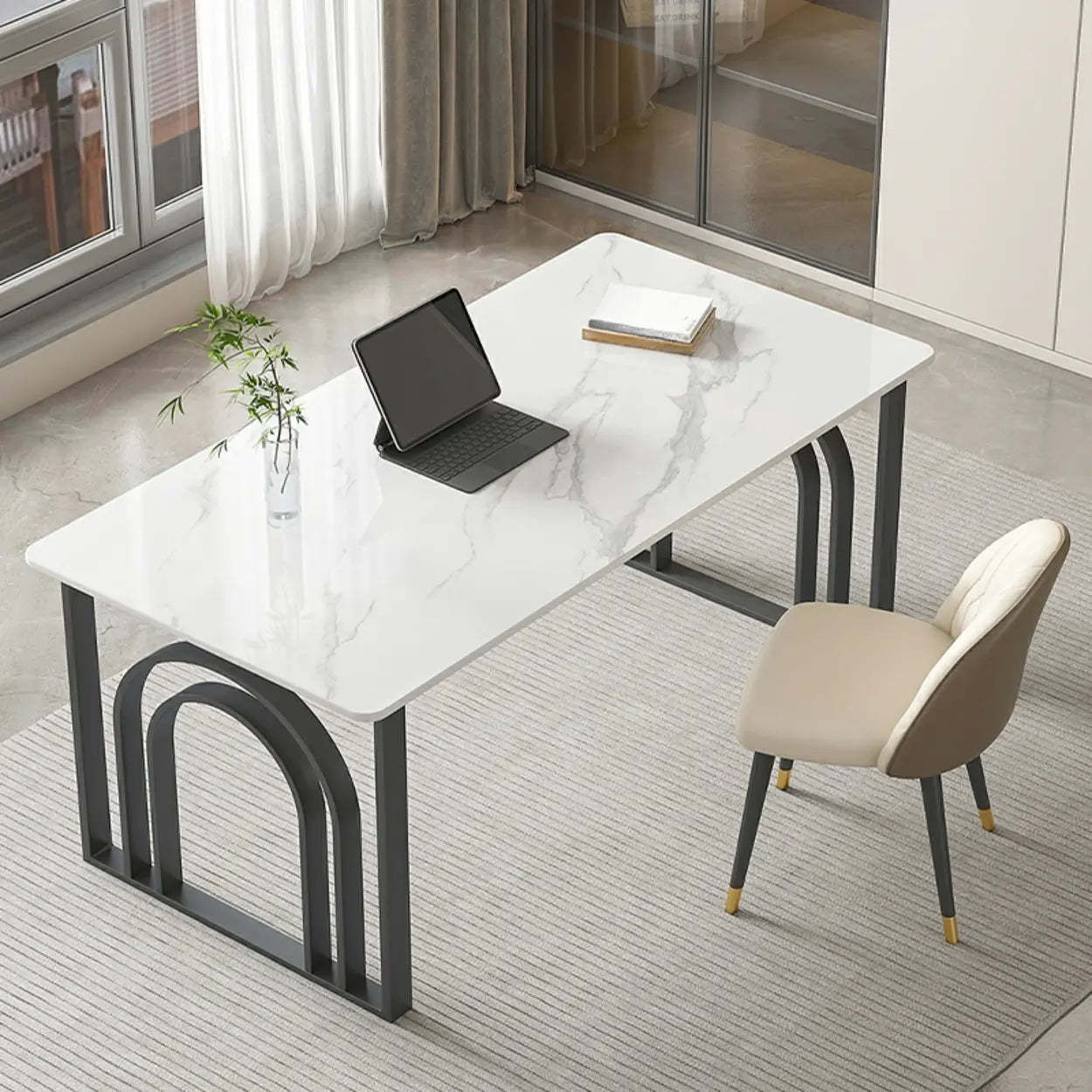 Black and White Stone Sled Computer Desk — Without Chairs / White-White