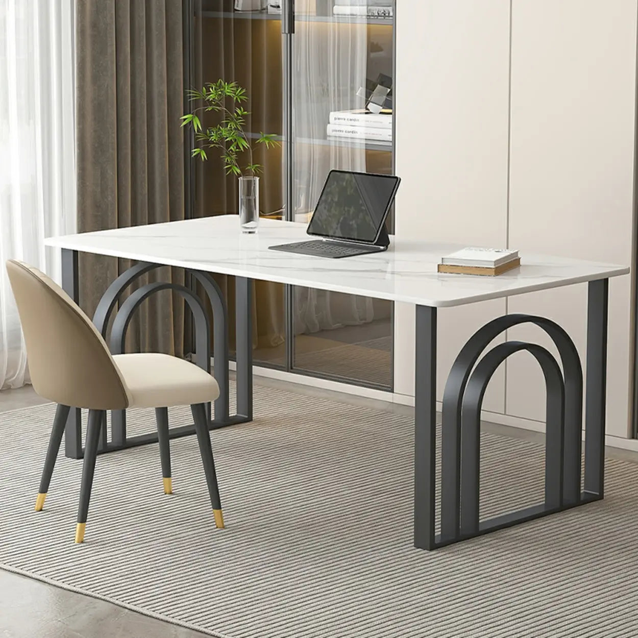 Black and White Stone Sled Computer Desk — Without Chairs / Black/ Gray