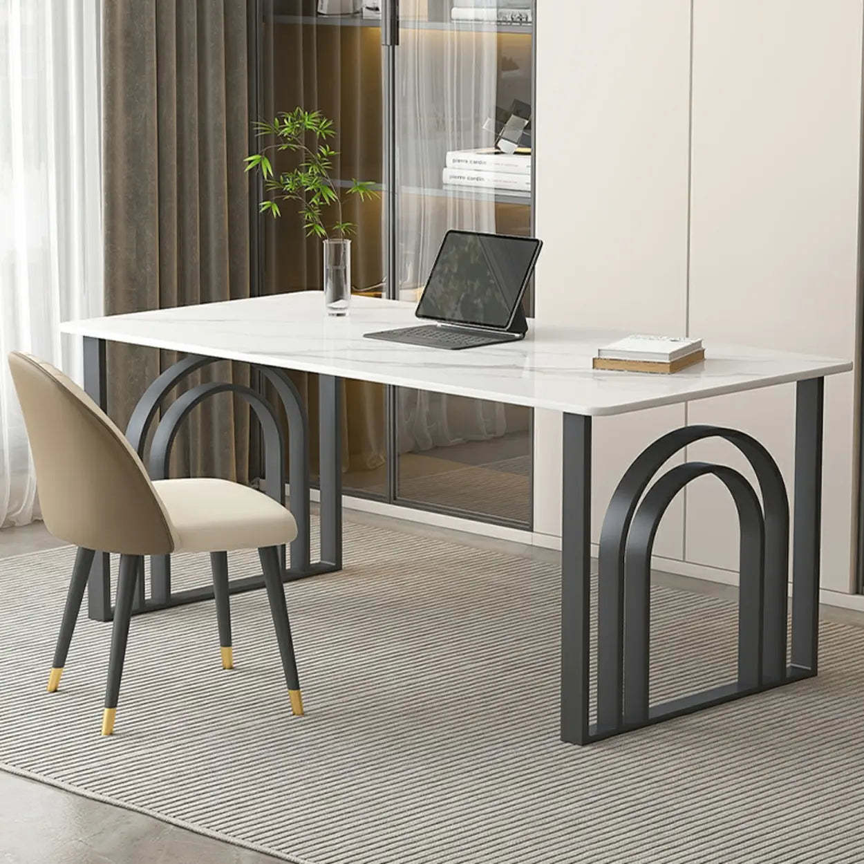 Black and White Stone Sled Computer Desk — Without Chairs / Black/ Gray