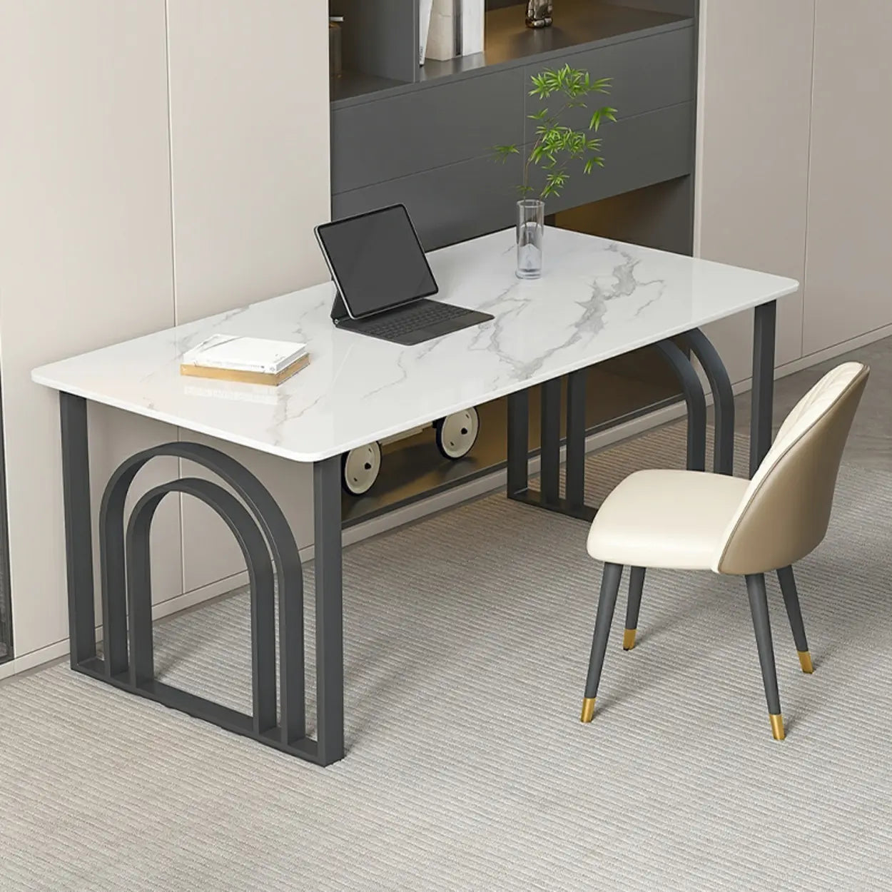 Black and White Stone Sled Computer Desk — Without Chairs / Black-Black