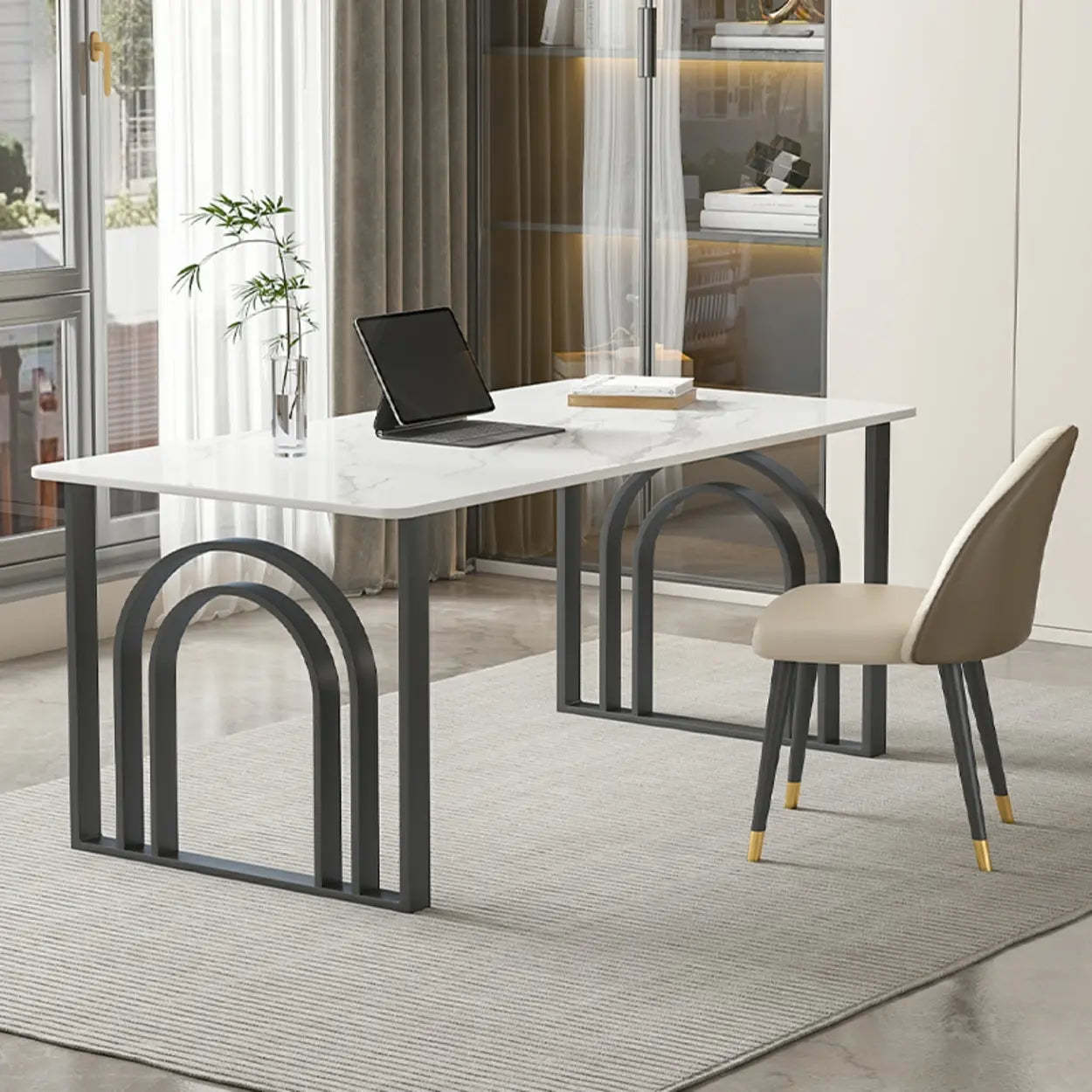 Black and White Stone Sled Computer Desk — Without Chairs / Black/ Gray