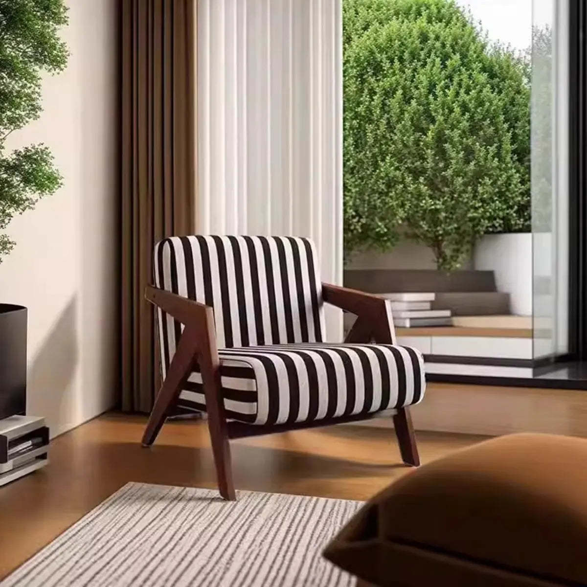 Black and White Stripe Jacquard Accent Chair — Black/ White Stripe / Jacquard Fabric / Walnut
