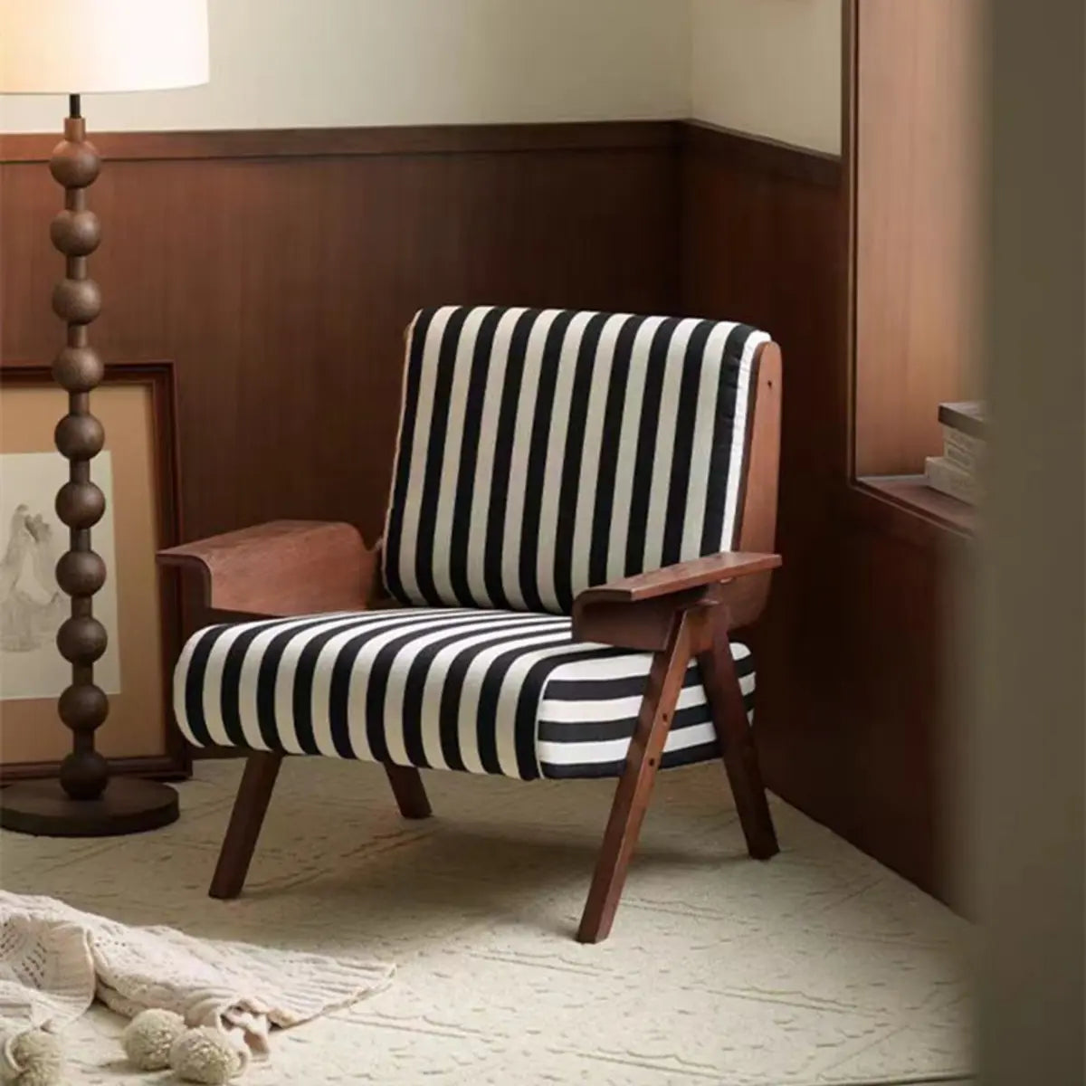 Black-White Striped Fixed-Back Arm Chair