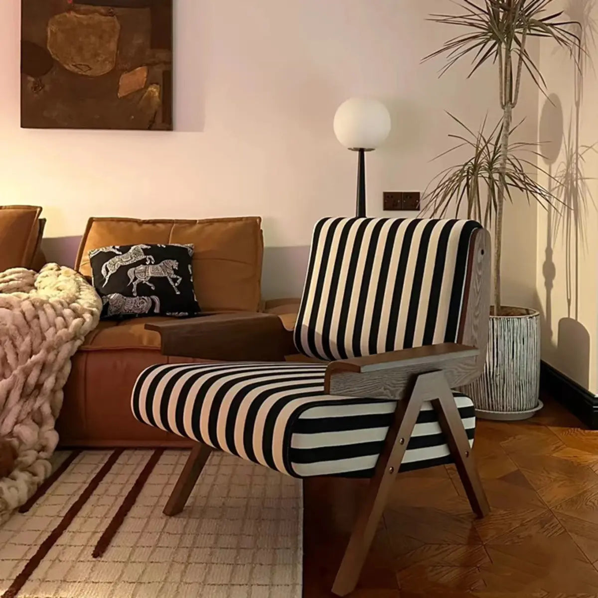 Black-White Striped Fixed-Back Arm Chair