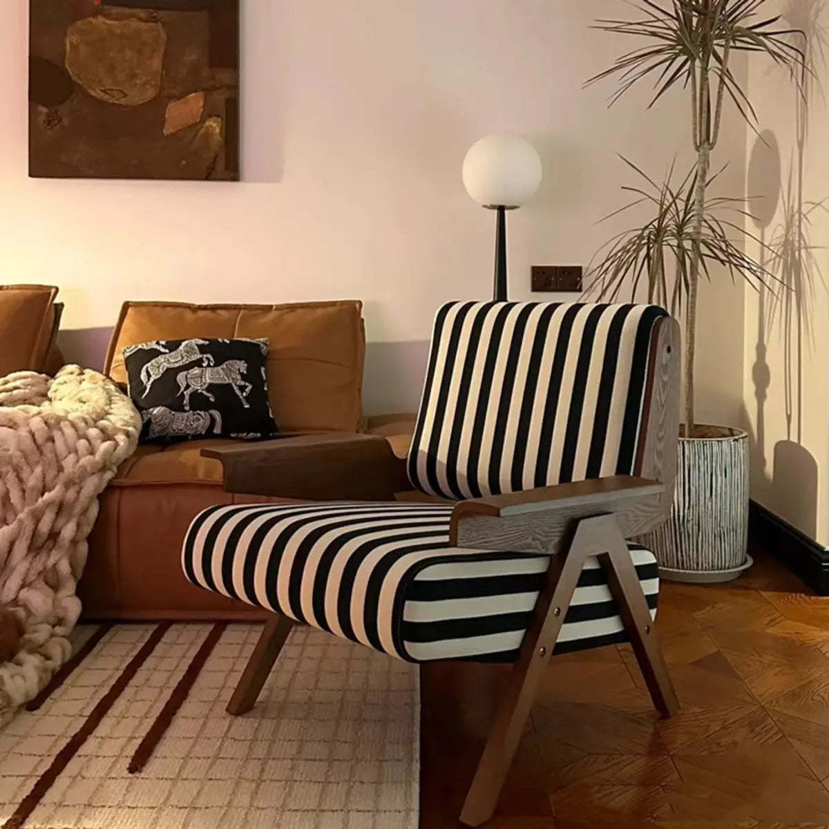 Black-White Striped Fixed-Back Arm Chair