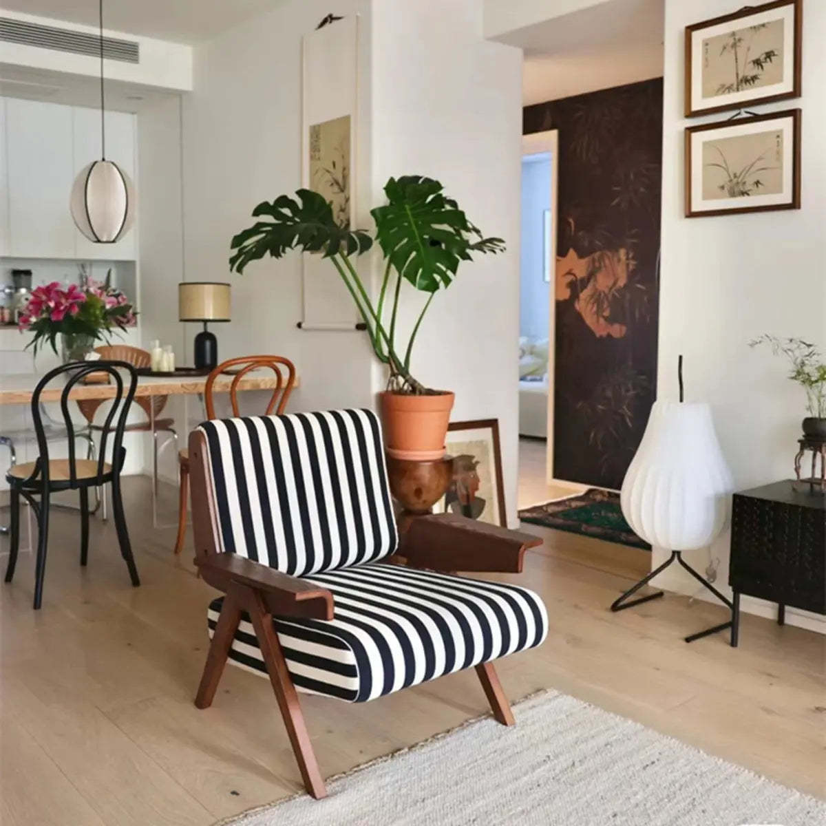 Black-White Striped Fixed-Back Arm Chair