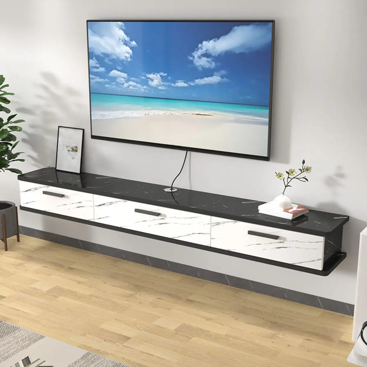 Black and White Wood Floating Mount TV Stand with Drawers
