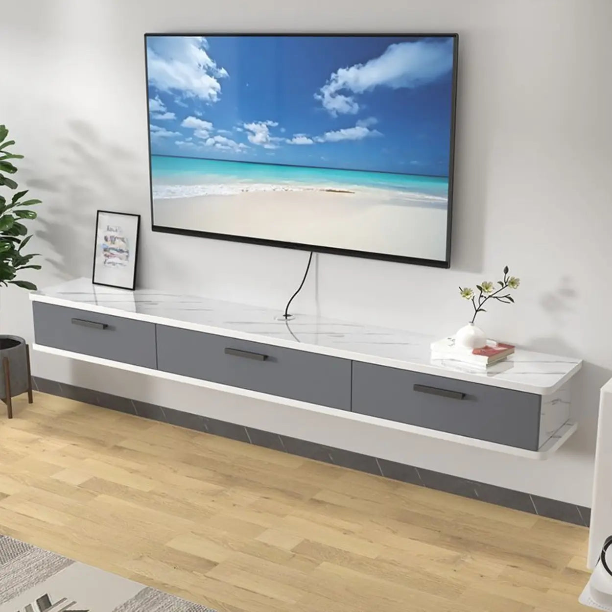 Black and White Wood Floating Mount TV Stand with Drawers — Black