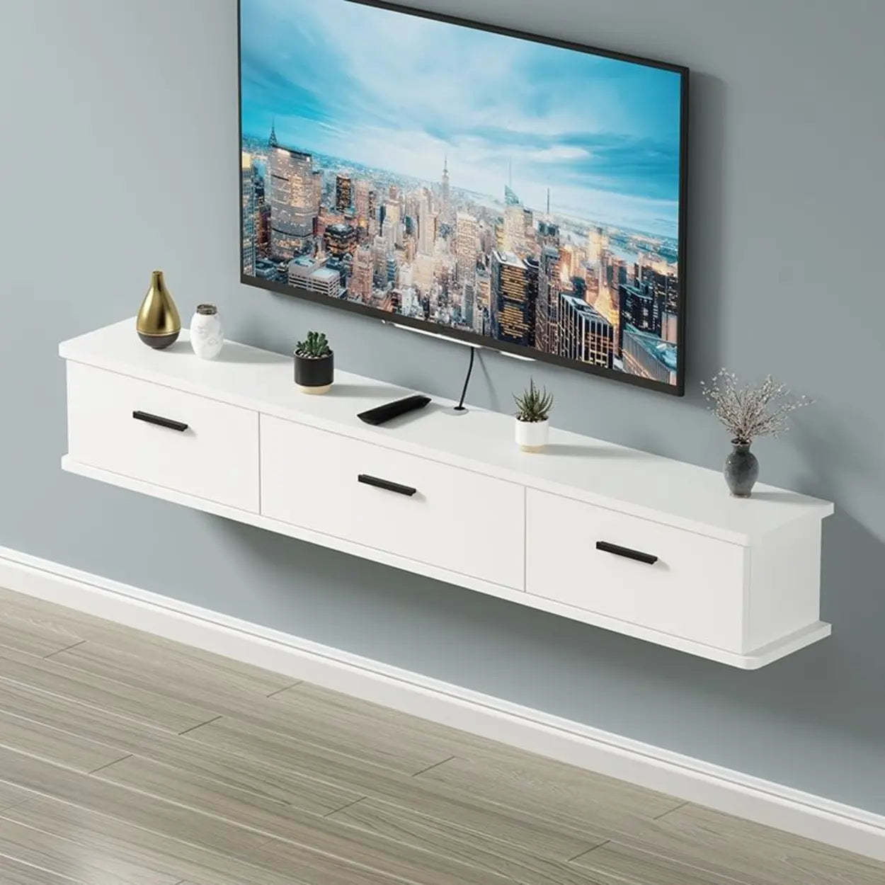 Black and White Wood Floating Mount TV Stand with Drawers — Black
