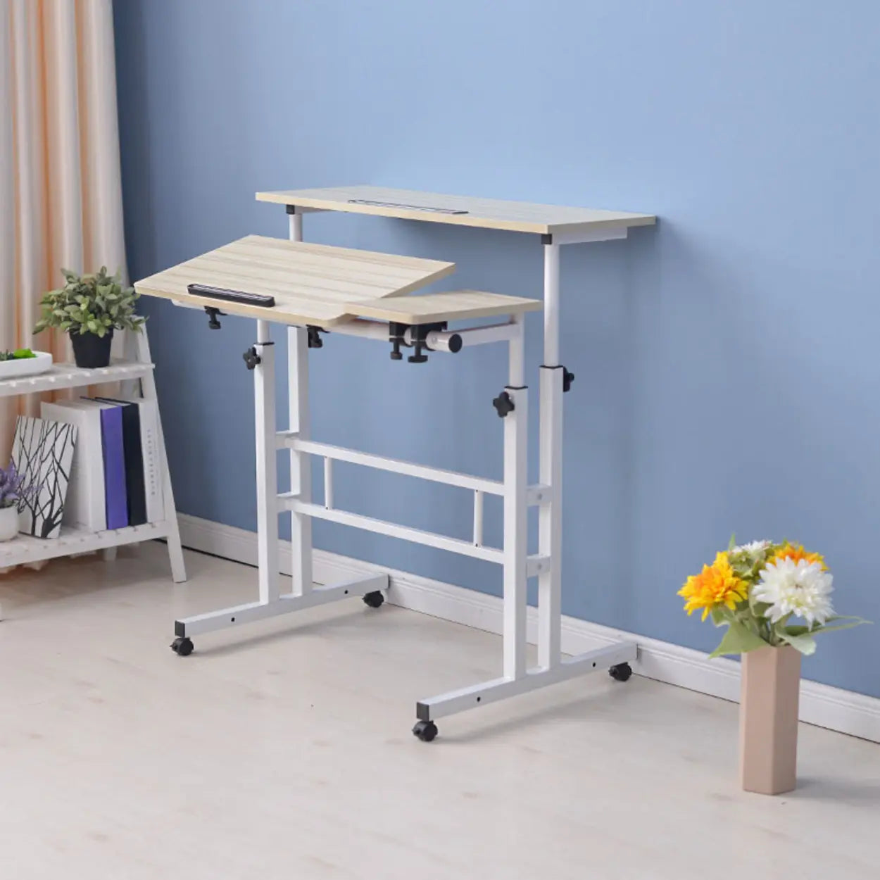 Black Wood T-Shape Computer Desk with Casters — Without Chairs / White Maple