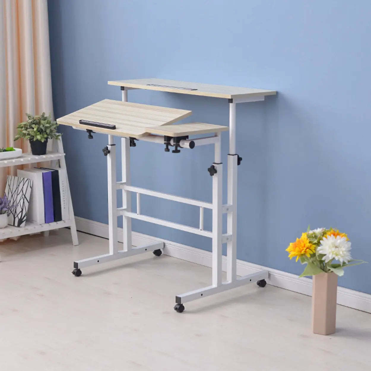 Black Wood T-Shape Computer Desk with Casters — Without Chairs / White Maple