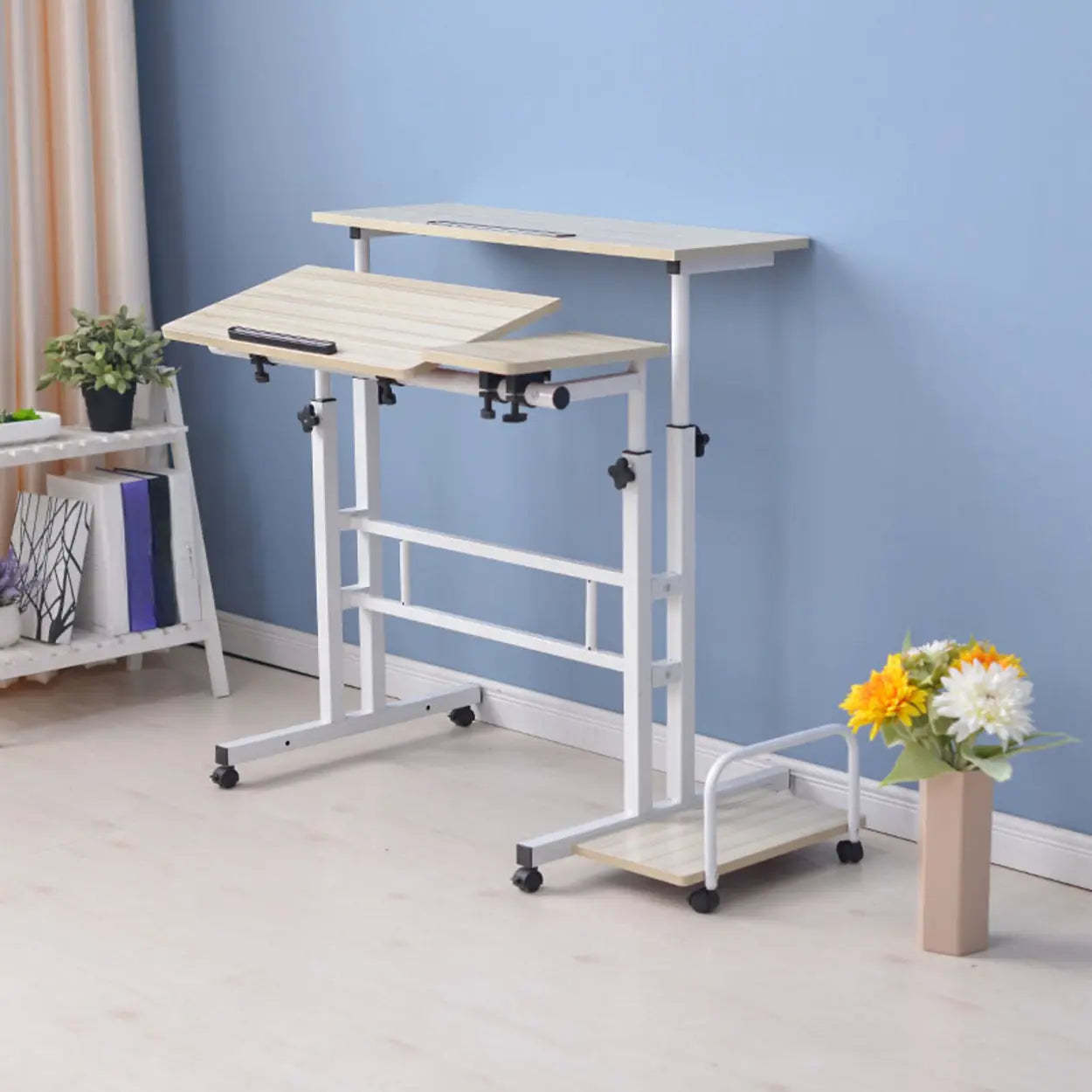Black Wood T-Shape Computer Desk with Casters — Without Chairs / Black