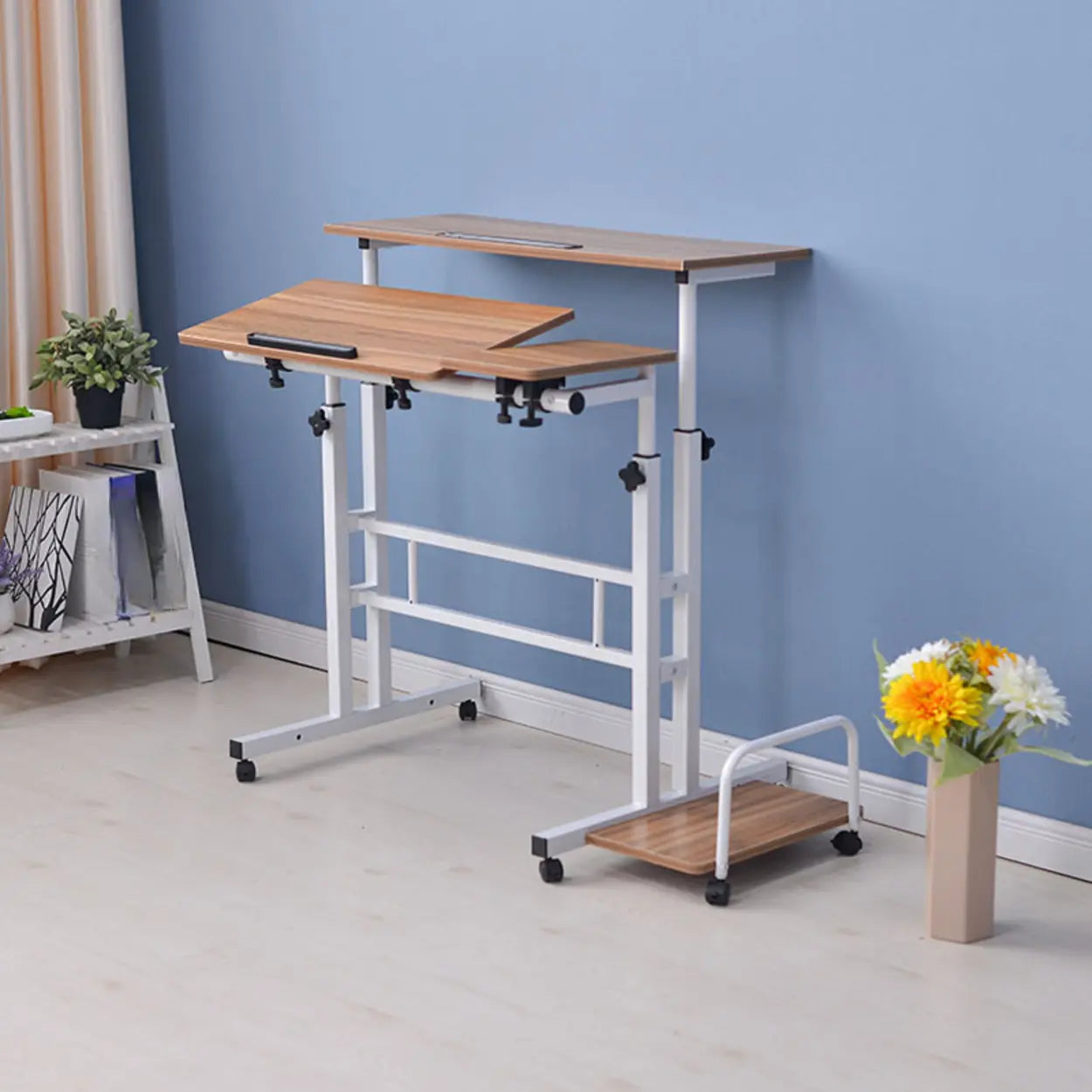 Black Wood T-Shape Computer Desk with Casters