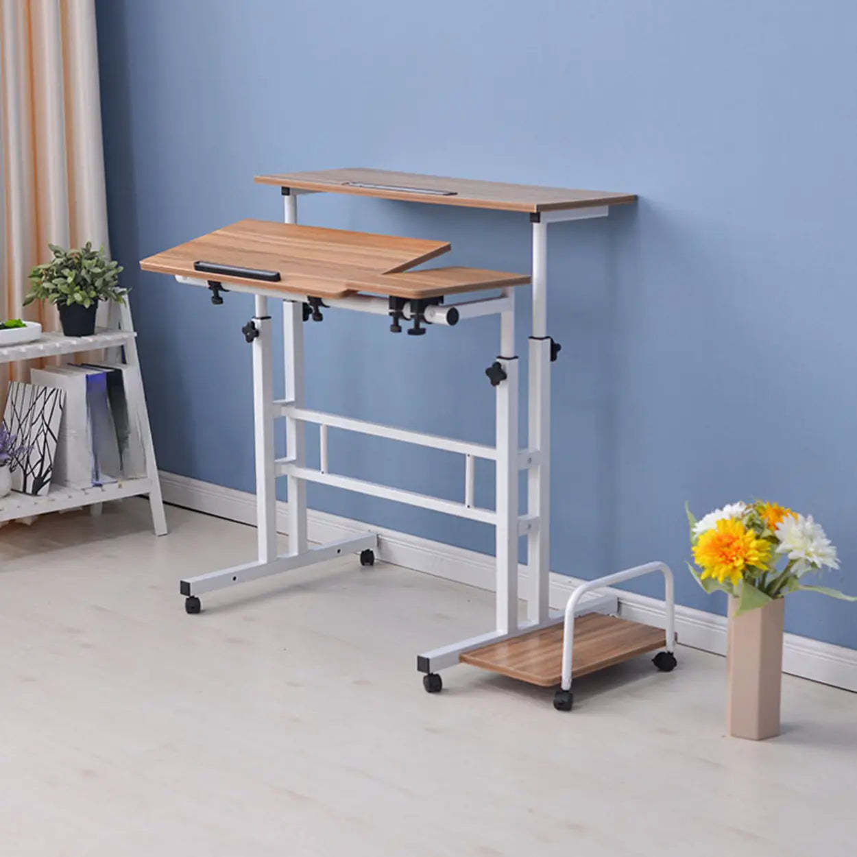 Black Wood T-Shape Computer Desk with Casters