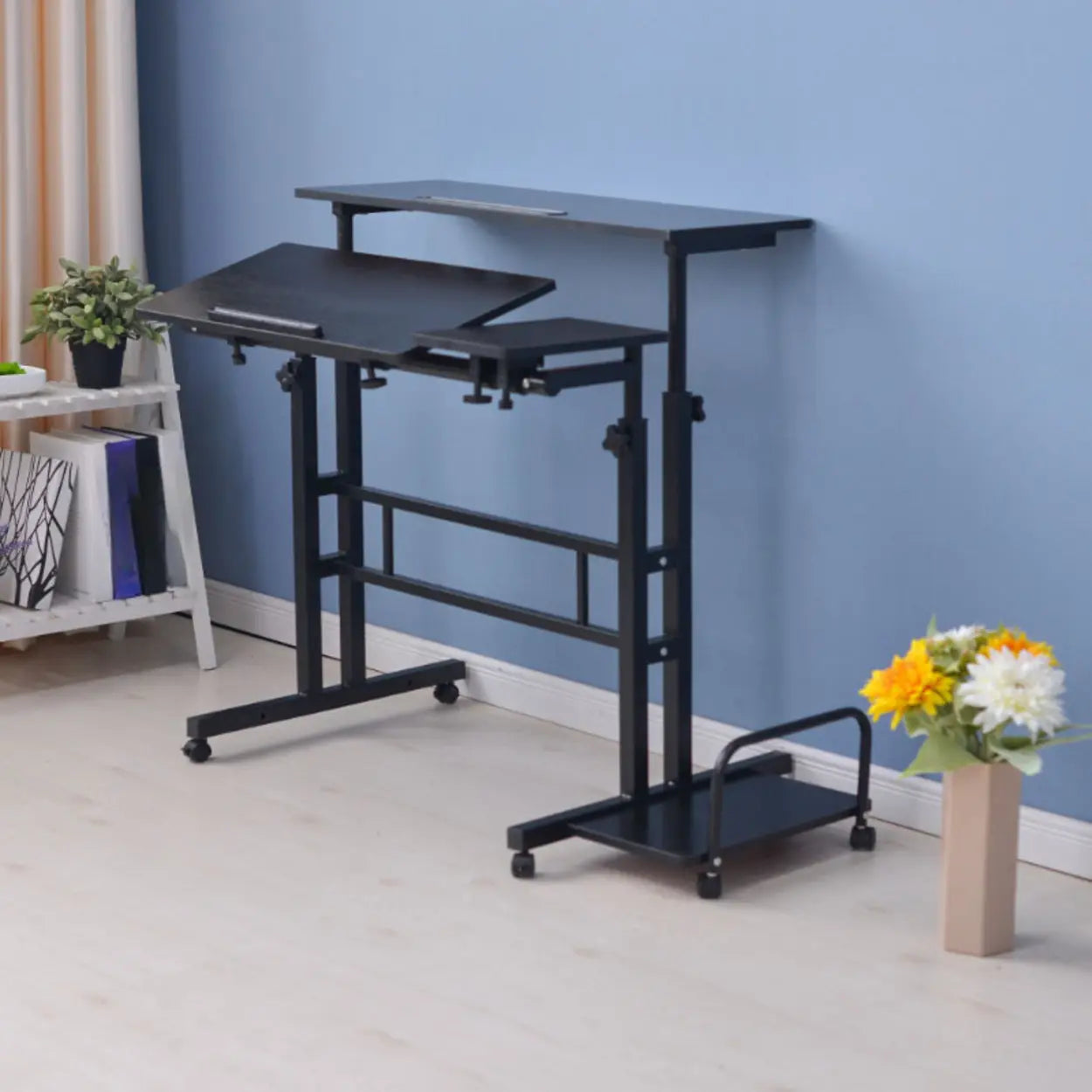 Black Wood T-Shape Computer Desk with Casters