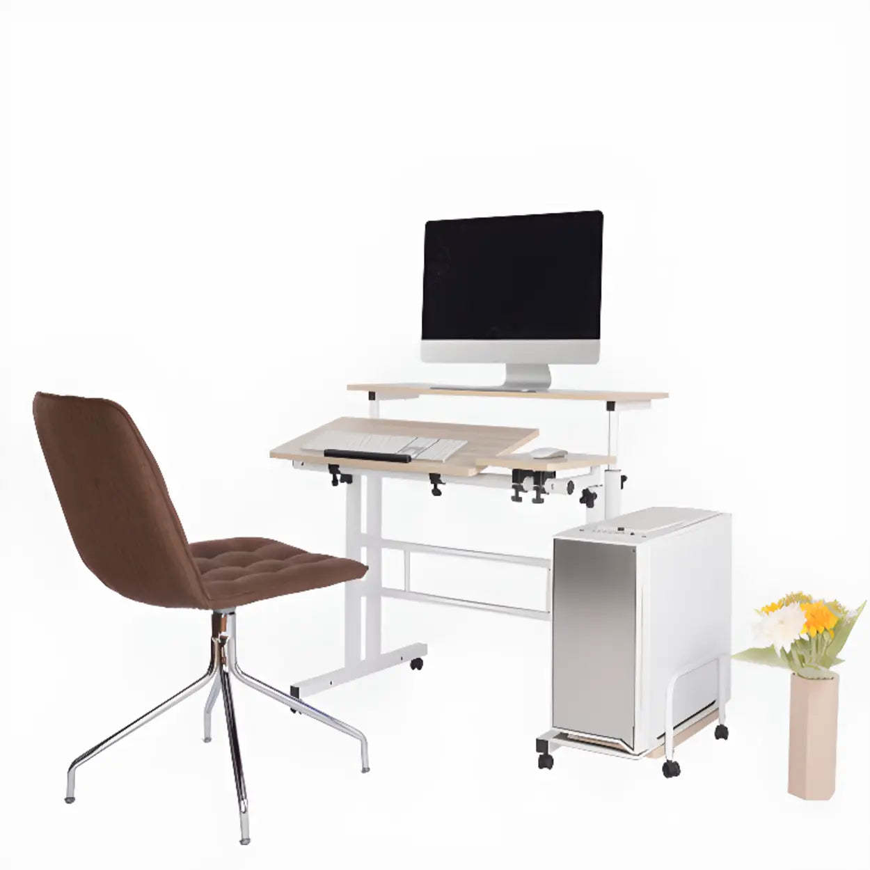 Black Wood T-Shape Computer Desk with Casters