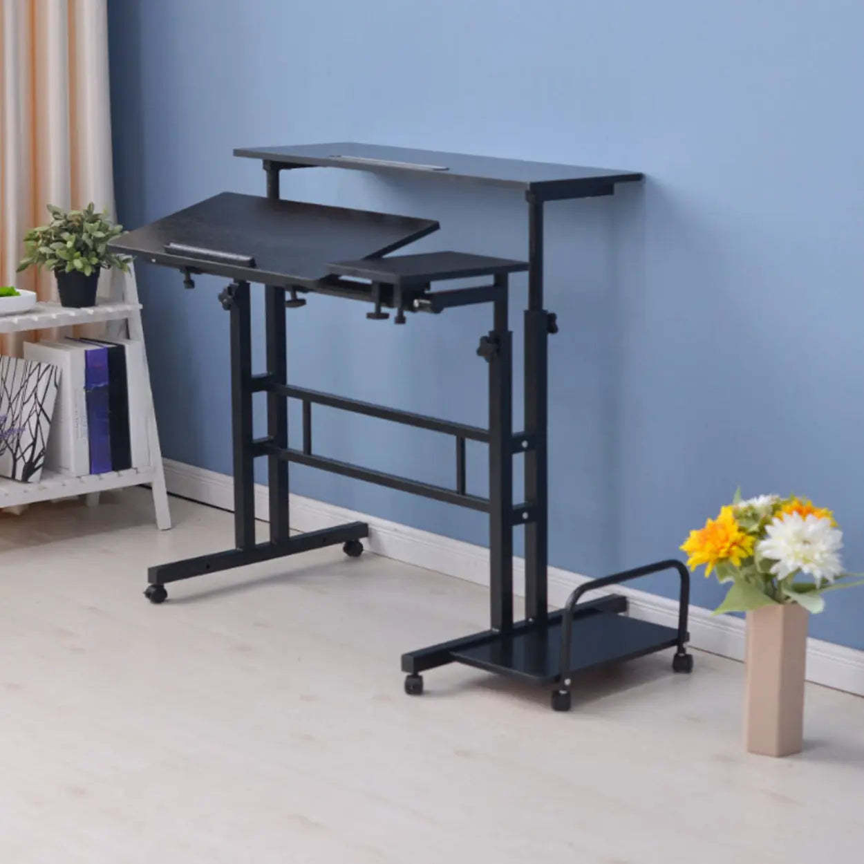 Black Wood T-Shape Computer Desk with Casters — Without Chairs / Black Walnut