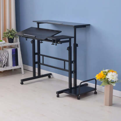 Black Wood T-Shape Computer Desk with Casters — Without Chairs / Black Walnut