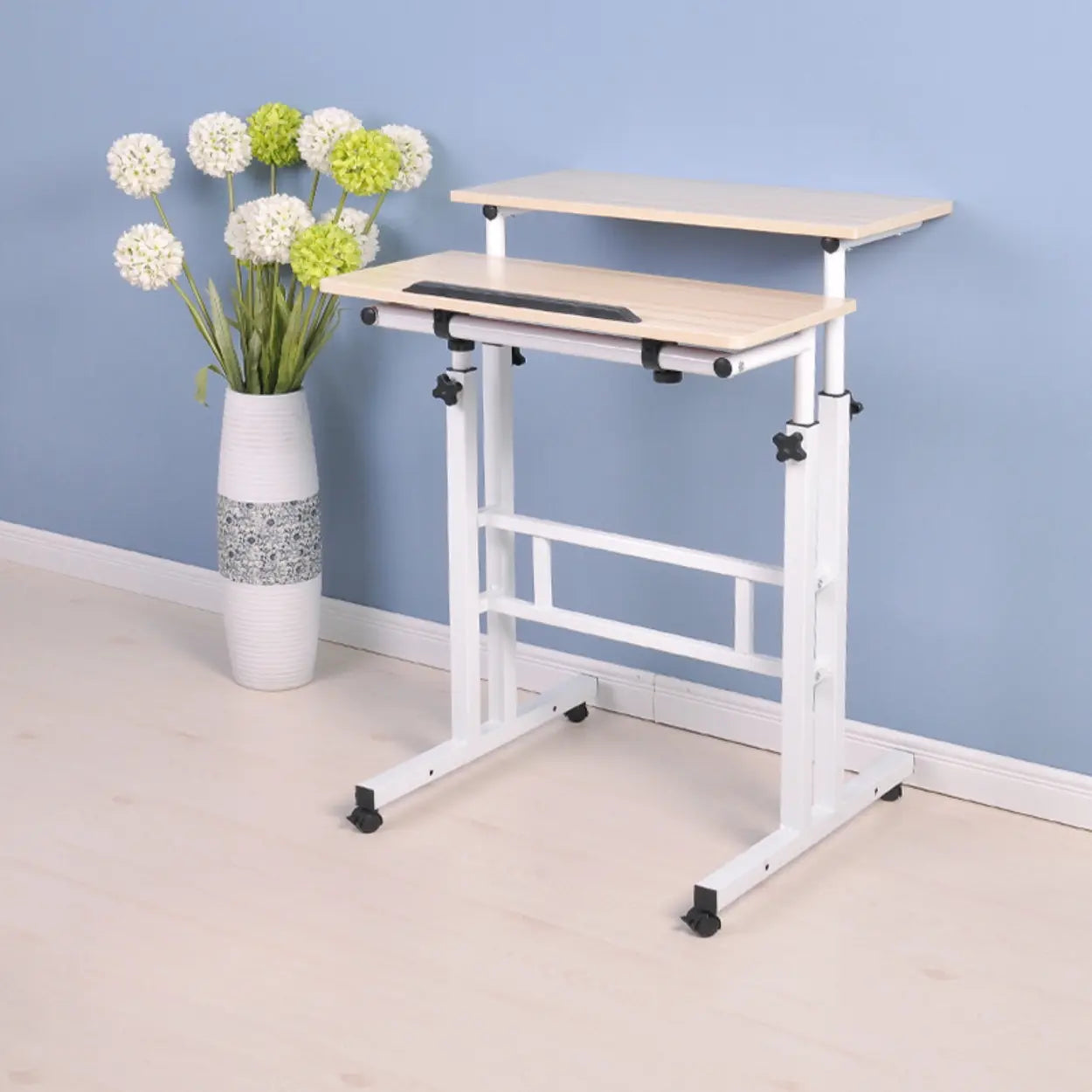 Black Wood T-Shape Computer Desk with Casters — Without Chairs / Brown