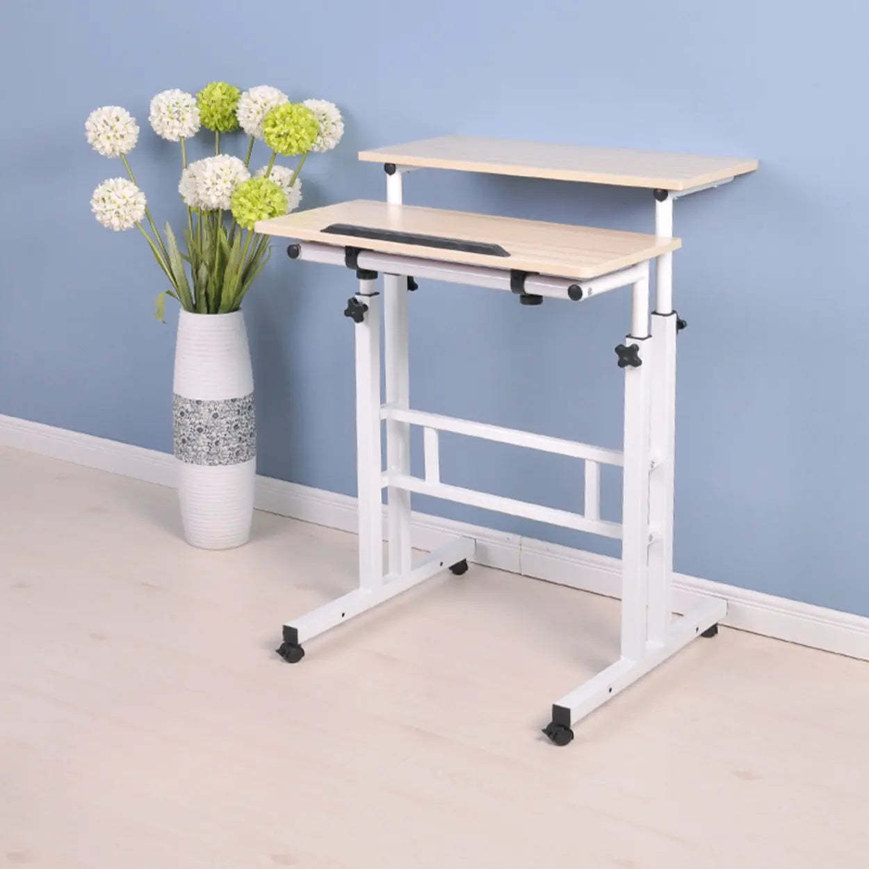 Black Wood T-Shape Computer Desk with Casters — Without Chairs / Brown