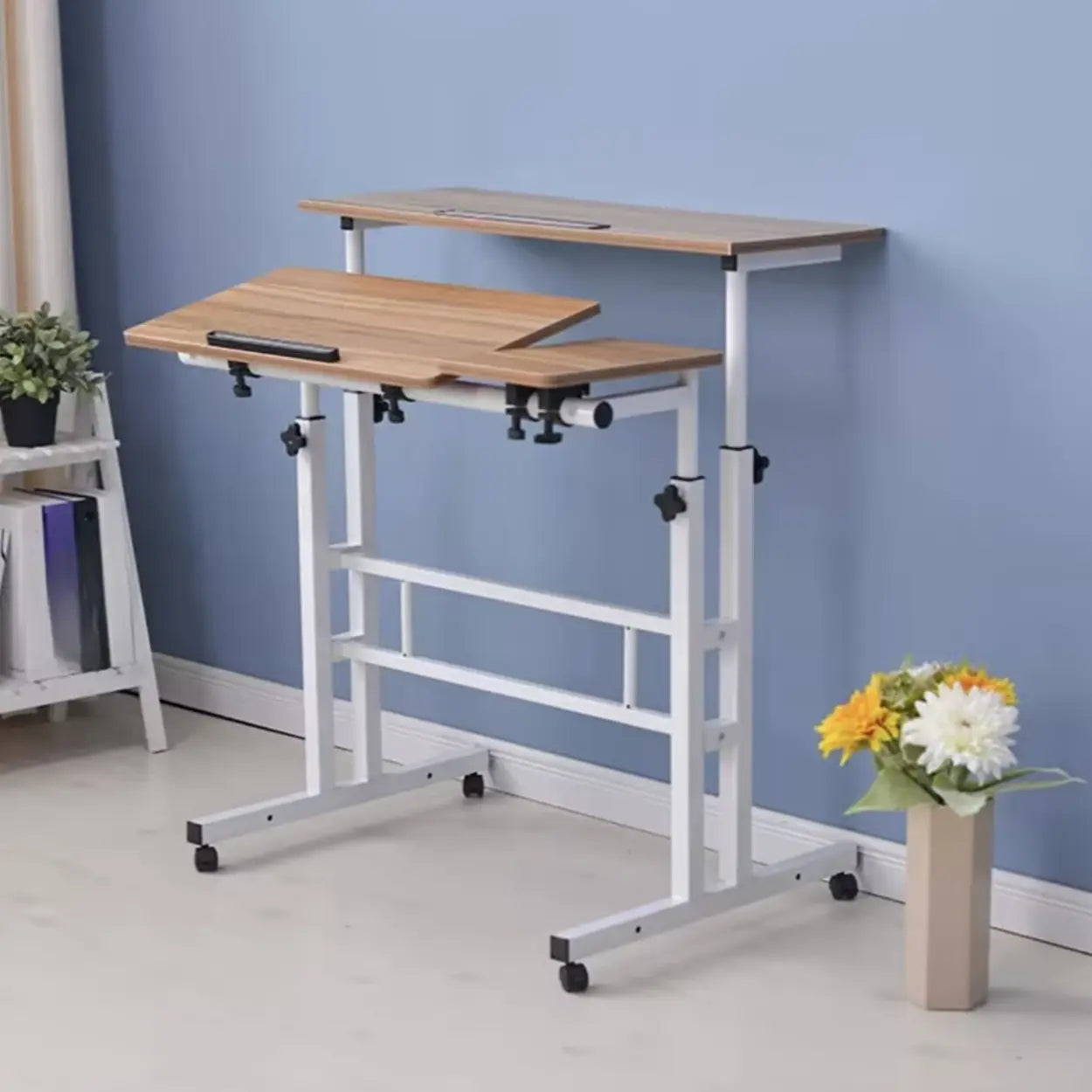 Black Wood T-Shape Computer Desk with Casters — Without Chairs / White Maple