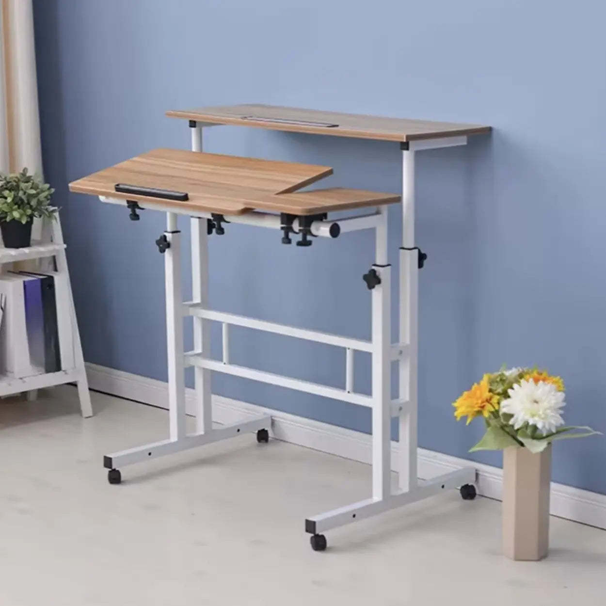 Black Wood T-Shape Computer Desk with Casters — Without Chairs / White Maple