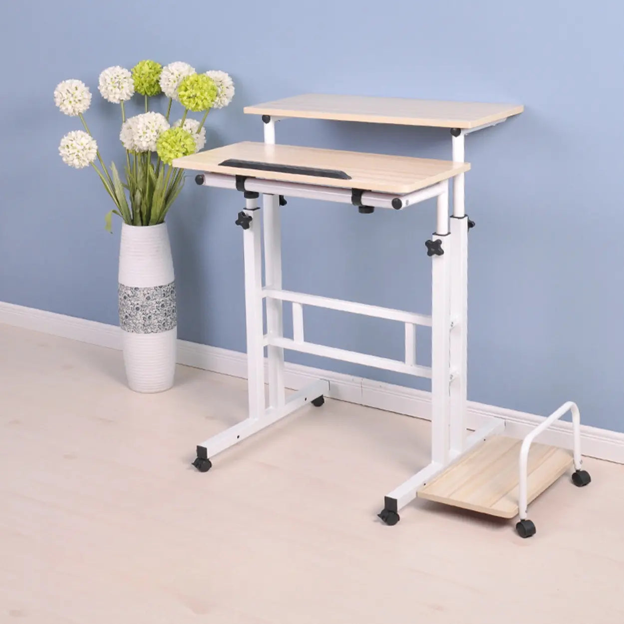 Black Wood T-Shape Computer Desk with Casters — Without Chairs / Brown