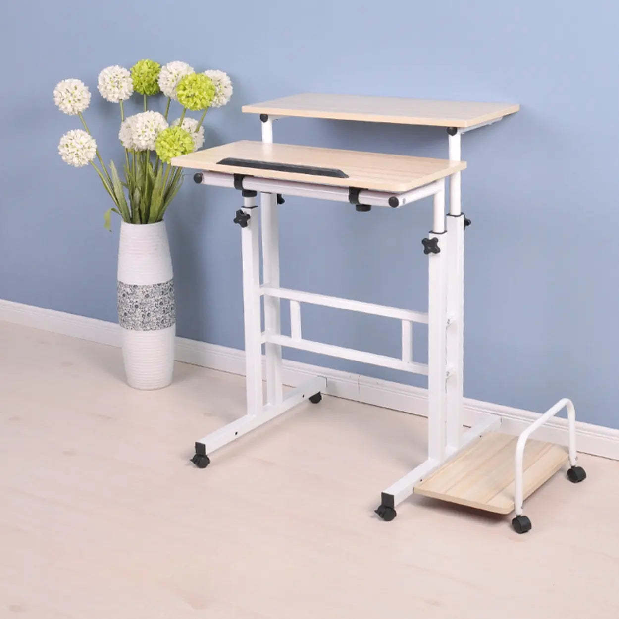 Black Wood T-Shape Computer Desk with Casters — Without Chairs / Brown