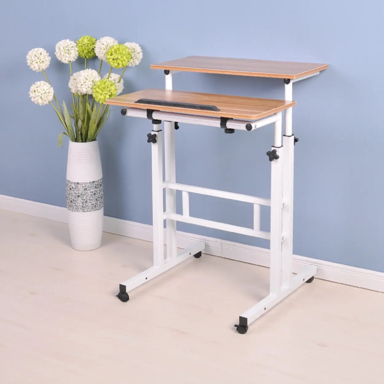 Black Wood T-Shape Computer Desk with Casters — Without Chairs / White Maple
