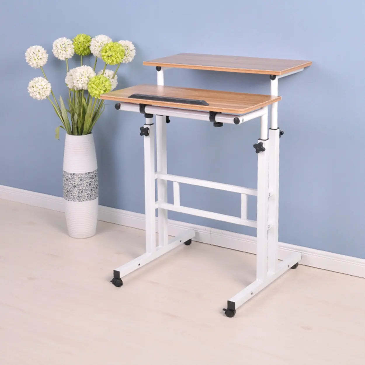 Black Wood T-Shape Computer Desk with Casters | Lighom