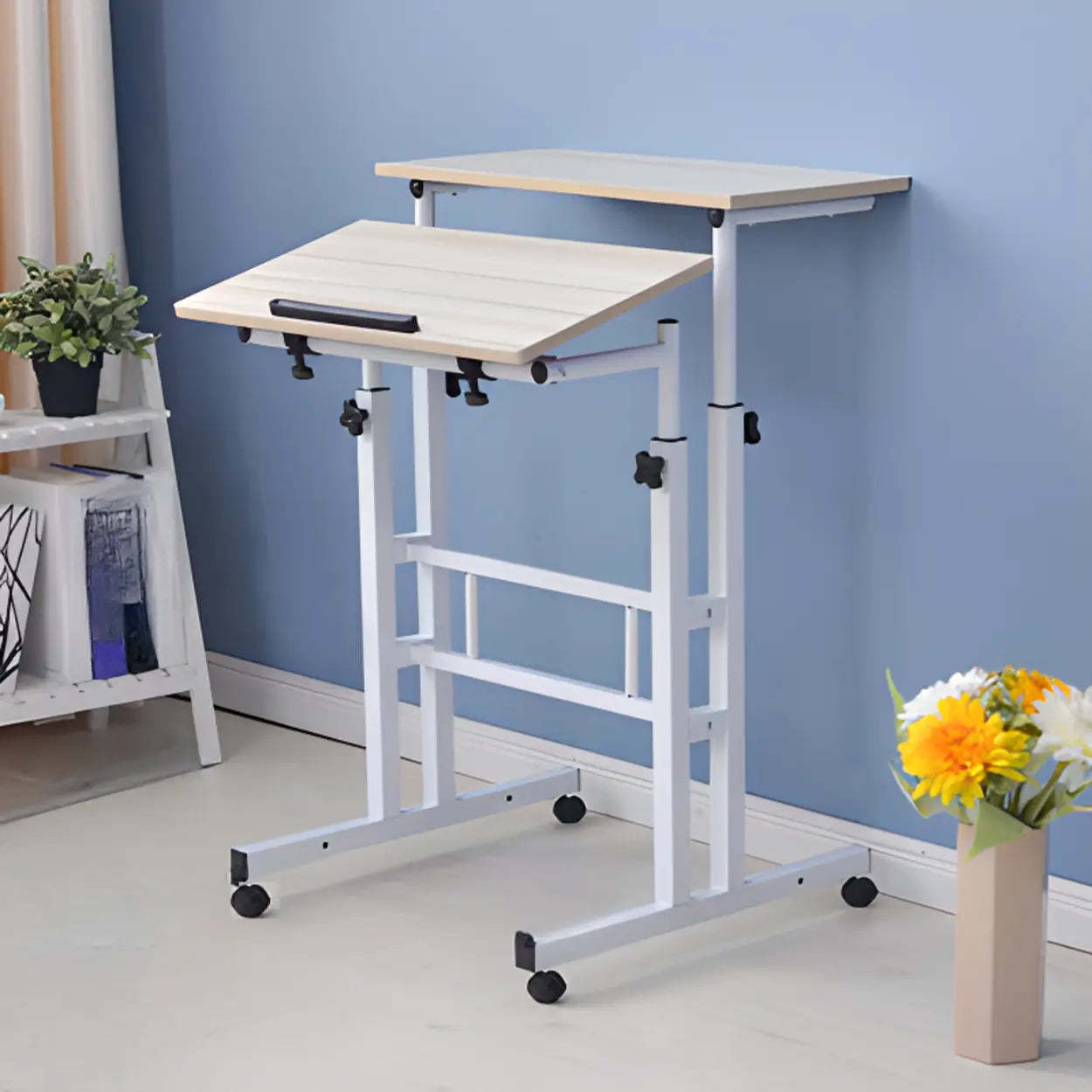 Black Wood T-Shape Computer Desk with Casters — Without Chairs / Black Walnut