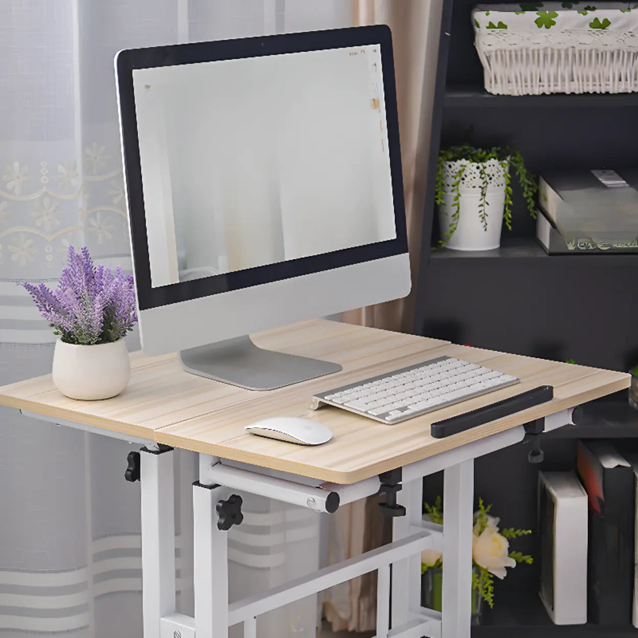 Black Wood T-Shape Computer Desk with Casters — Without Chairs / Brown