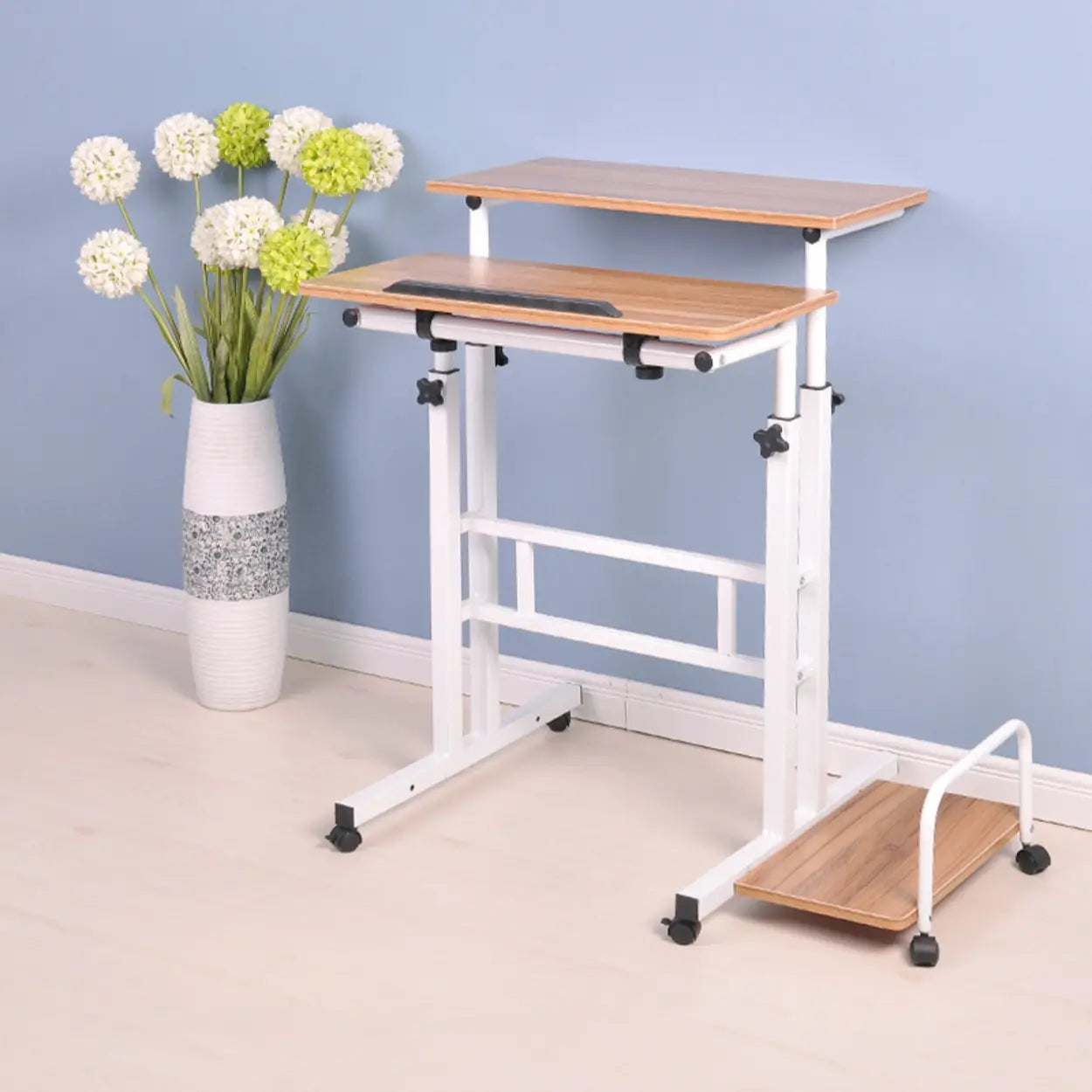 Black Wood T-Shape Computer Desk with Casters — Without Chairs / White Maple