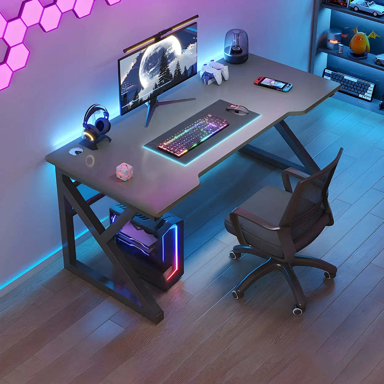 Black Wood Gaming Desk with Trestle Base — Table Only