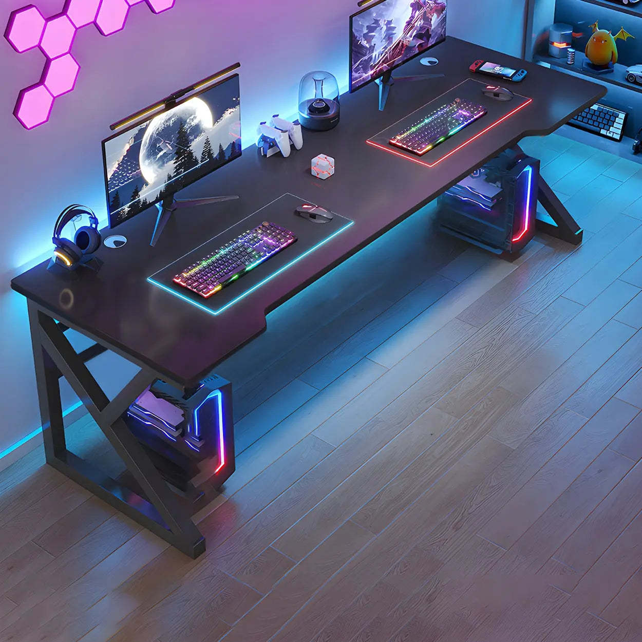 Black Wood Gaming Desk with Trestle Base