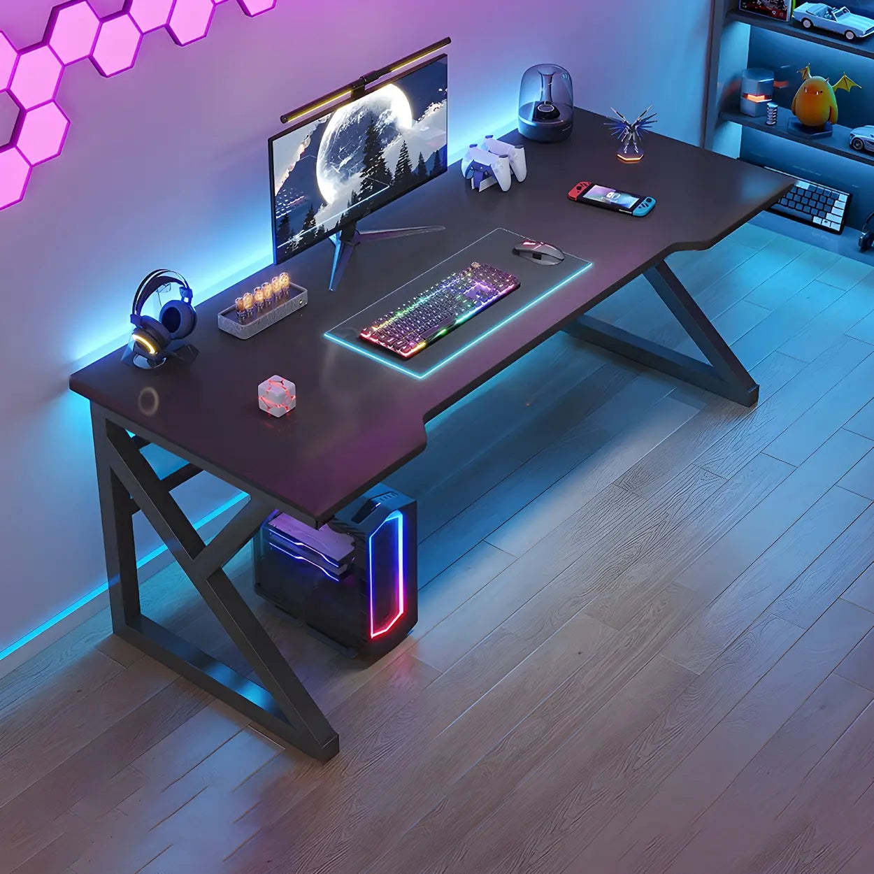 Black Wood Gaming Desk with Trestle Base — Table Only