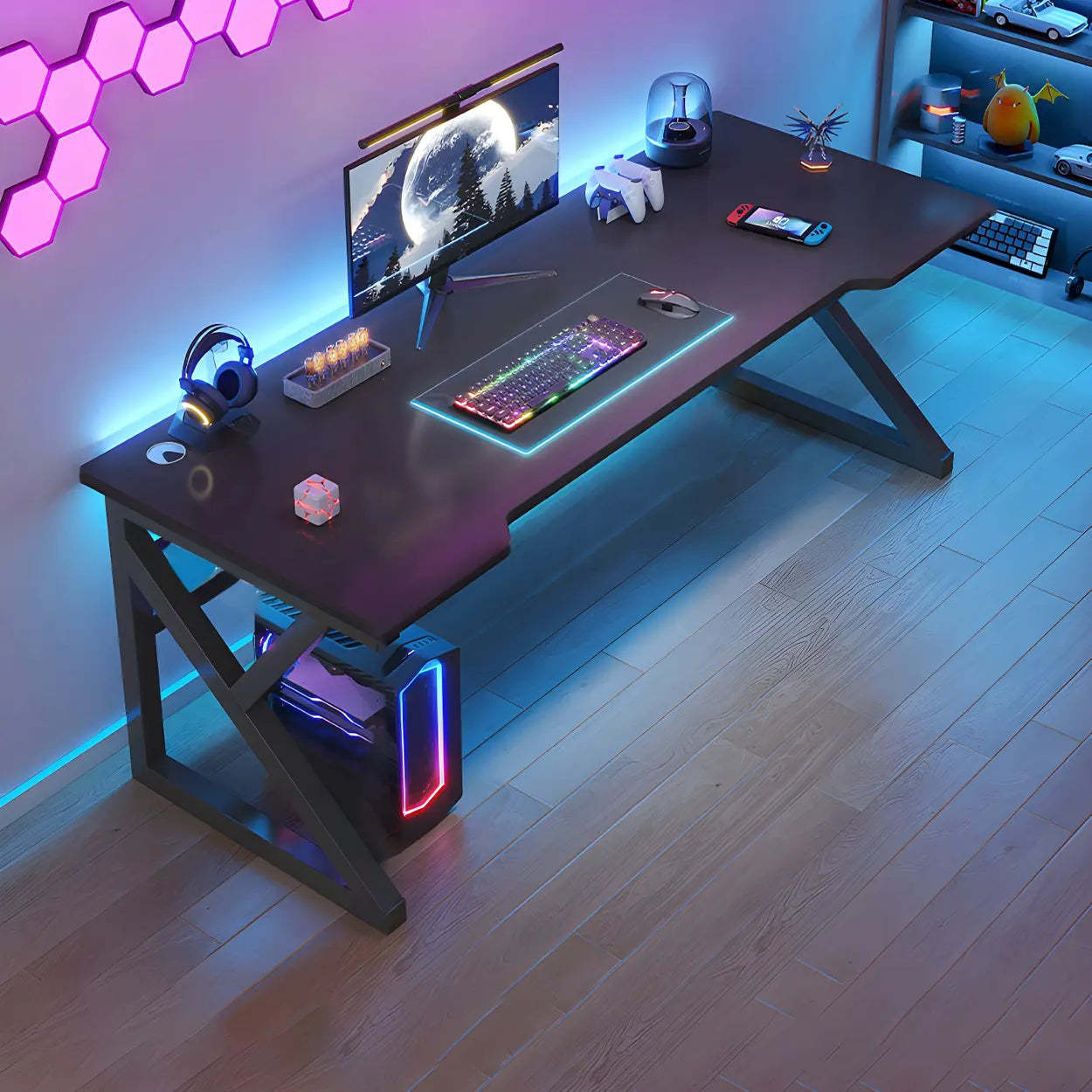 Black Wood Gaming Desk with Trestle Base