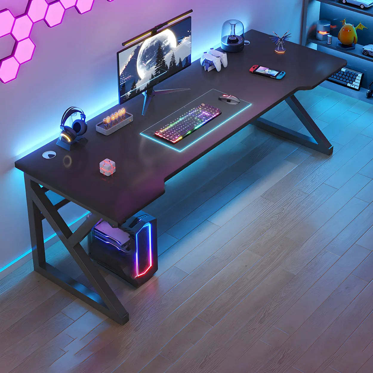 Black Wood Gaming Desk with Trestle Base